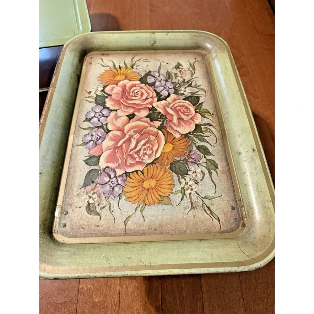 VTG MCM Metal Lap TV Set 3 Trays Folding Legs Floral Roses Shabby Chic Cottage
